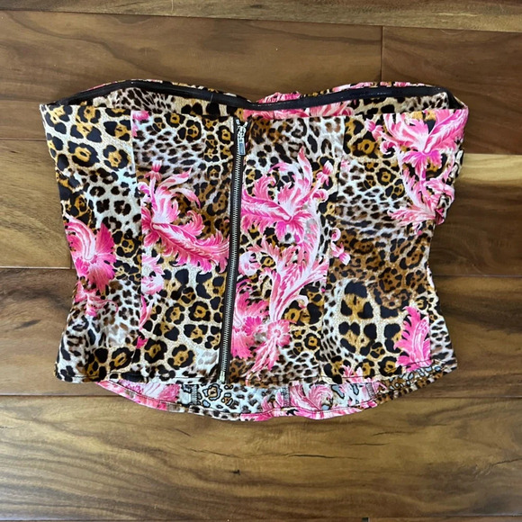 New York & Company Pink Floral Leopard Print Zip-Up Crop Top size Small - Picture 2 of 3